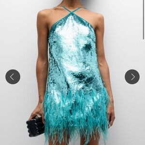 Cult Gaia Solina Sequin and Feather Halter Mini Dress